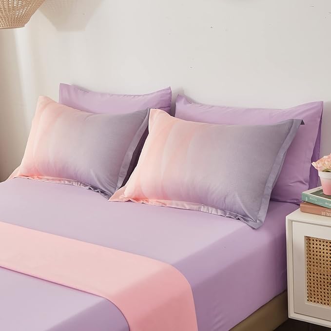 Girls Comforter Set Twin Size Colorful Ombre Blue Pink Purple Rainbow Bedding Set 6 Pieces Bed in A Bag for Kid Teen (1 Comforter, 1 Flat Sheet, 1 Fitted Sheet, 1 Pillow sham, 2 Pillowcases)