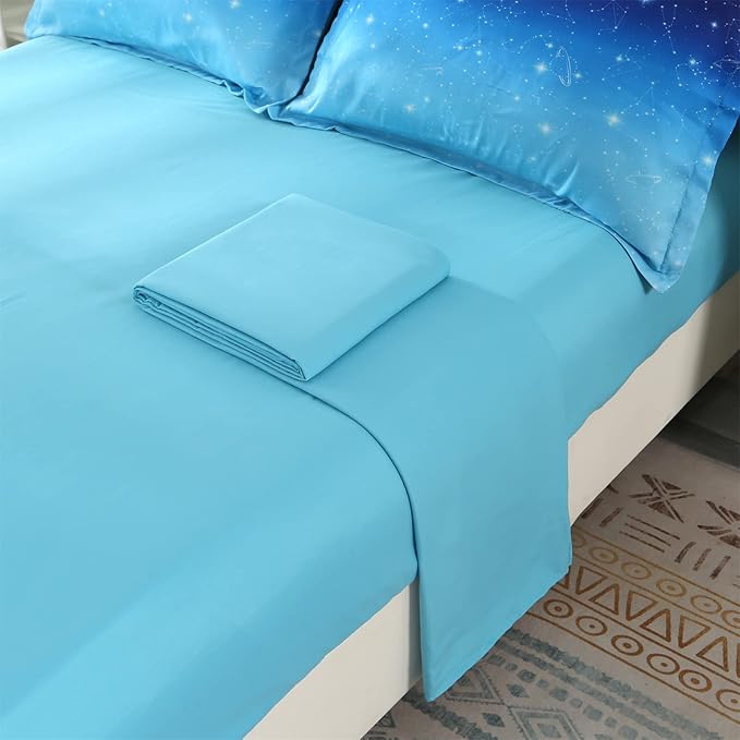 Wowelife Glitter Bedding Set Full Size 5 Pieces Galaxy Comforter Set Blue 3D Galaxy Kids Comforter Sets Lightweight with Comforter, Flat Sheet, Fitted Sheet and 2 Pillowcases