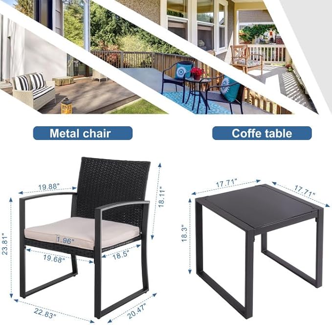 Shintenchi 3 Pieces Outdoor Patio Furniture Set Modern Black Wicker Bistro Set Rattan Chair Conversation with Coffee Table for Yard Porch Poolside Lawn(Beige)