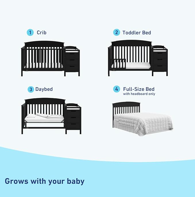 Graco Benton 4-in-1 Convertible Crib and Changer (Black) – GREENGUARD Gold Certified, Crib and Changing -Table Combo, Water-Resistant Changing Pad, Converts to Toddler Bed, Daybed & Full-Size Bed