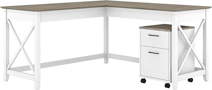 Bush Furniture Key West 60W L Shaped Desk with 2 Drawer Mobile File Cabinet in Pure White and Shiplap Gray