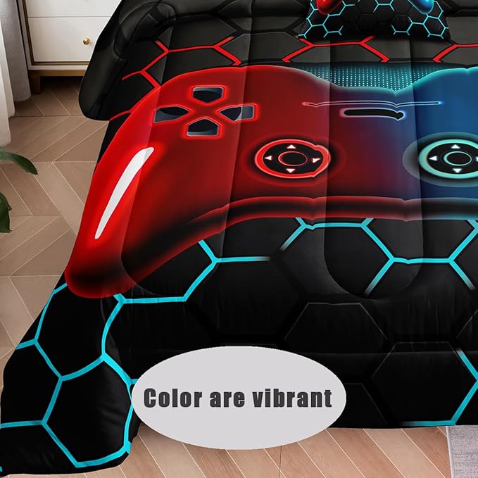 6 Pieces Bed in a Bag for Boys Bedding Sets Full Size,Gamer Comforter Sets for Boys Kids, Gaming Comforter Set for Boys Room Decor with Flat Sheet,Fitted Sheet,Pillowcase,Cushion Cover