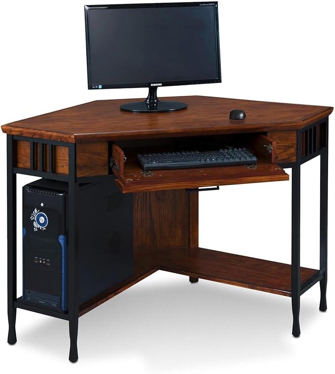 Leick Home 11230 Ironcraft Corner Writing/Computer Rustic Desk with Drawer and Shelf, Mission Oak and Black