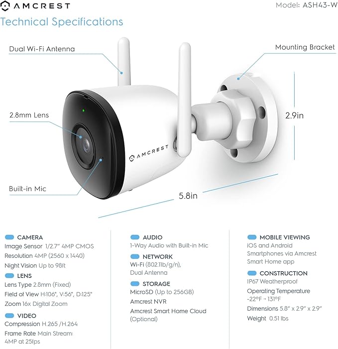 Amcrest SmartHome 4MP Outdoor WiFi Camera Bullet 4MP Outdoor Security Camera, 98ft Night Vision, Built-in Mic, 106° FOV, 2.8mm Lens, MicroSD Storage (Sold Separately), ASH43-W (White)