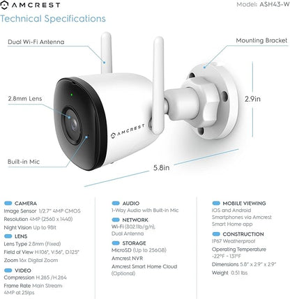 Amcrest SmartHome 4MP Outdoor WiFi Camera Bullet 4MP Outdoor Security Camera, 98ft Night Vision, Built-in Mic, 106° FOV, 2.8mm Lens, MicroSD Storage (Sold Separately), ASH43-W (White)