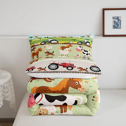 Tractor Bedding Sets for Boys Twin Size Toddler Kids Cute Cartoon Farm Animals Comforter Set Girls Children Farmhouse Country Down Comforter for All Season Colorful Room Decor Nature Theme Duvet Set
