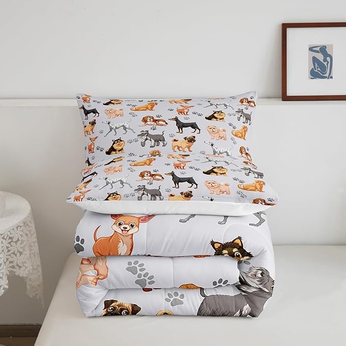 Kids Cute Dog Comforter Set Toddler Cartoon Dogs Bedding Set for Boys Girls Children Pet Dog Puppy Animal Lover Comforter Lovely Dog Paw Down Alternative Comforter for All Season Room Decor Queen Size