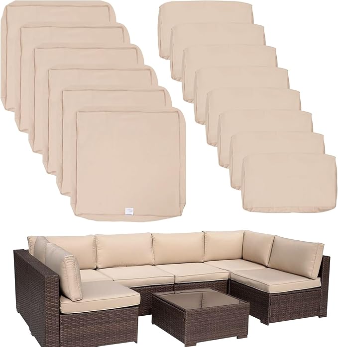 ClawsCover 14Pack Outdoor Patio Seat and Back Cushions Replacement Covers Fit for 7Pieces 6-Seater Wicker Rattan Sectional Couch Chair Furniture Set,Light Khaki-Include Cover Only (Large)