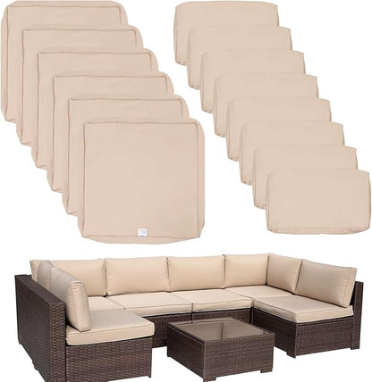 ClawsCover 14Pack Outdoor Patio Seat and Back Cushions Replacement Covers Fit for 7Pieces 6-Seater Wicker Rattan Sectional Couch Chair Furniture Set,Light Khaki-Include Cover Only (Large)
