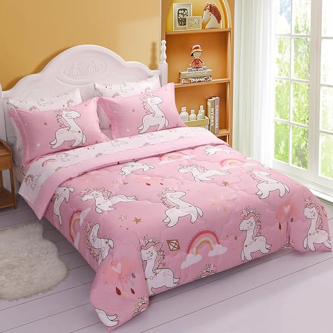Wajade Kids Pink Unicorn Comforter Set Bed in A Bag Full Size 7 Piece Cute Unicorn Rainbow Clouds Bedding Set for Girls (1 Comforter, 1 Flat Sheet, 1 Fitted Sheet, 2 Pillowcase and 2 Pillow Sham)