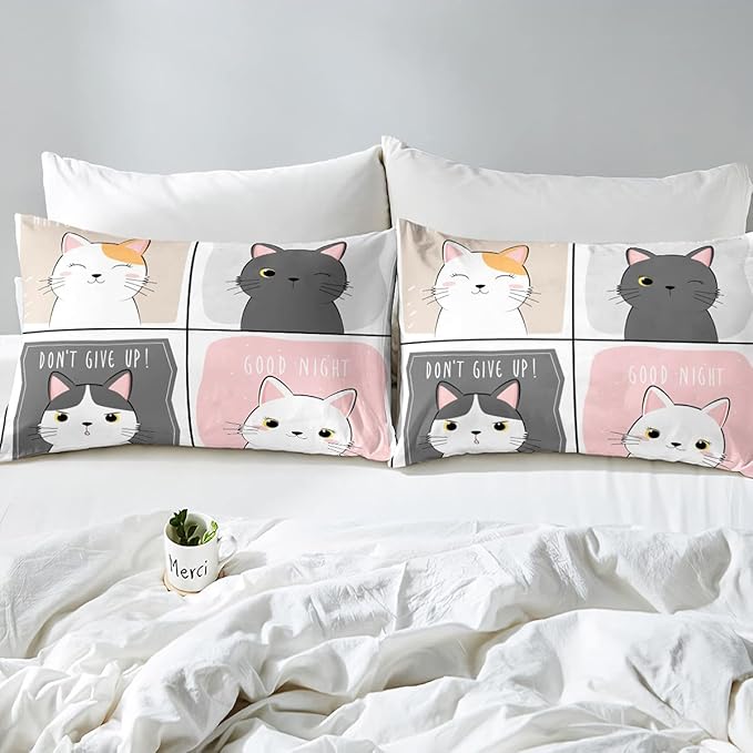 Erosebridal Kawaii Cats Comforter Set Full,Pink Grey Cute Little Cat Down Comforter Adorable Kitten Animal Bedding Set for Kids Boys Girls Patchwork Cartoon Doodle Quilt Duvet Set with 2 Pillow Cases