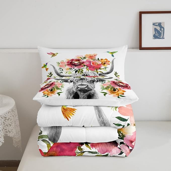 Erosebridal Highland Cow Floral Comforter Set Twin Size Bull Cattle Flower Bedding Set Wildlife Farmhouse Cow Quilt Hummingbird Duvet Insert Soft All Season White Down Comforter with 1 Pillowcase