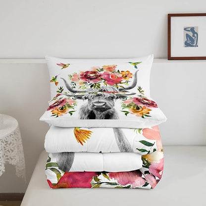 Erosebridal Highland Cow Floral Comforter Set Queen Size Bull Cattle Flower Bedding Set Wildlife Farmhouse Cow Quilt Hummingbird Duvet Insert Soft All Season White Down Comforter with 2 Pillowcases