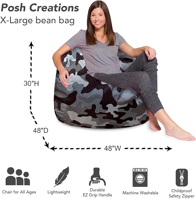 Posh Creations Bean Bag Chair for Kids, Teens, and Adults Includes Removable and Machine Washable Cover, Soft Nylon - Camo Gray and White, 48in - X-Large