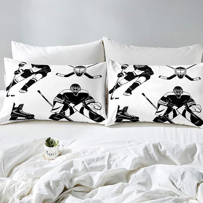 Erosebridal Ice Hockey Comforter Set, Ice Hockey Player Bedding Set King, Winter Sports Game Duvet Set, Black White Quilt Set Cartoon Bedding Comforters for Kids Child Boys Teens Gift