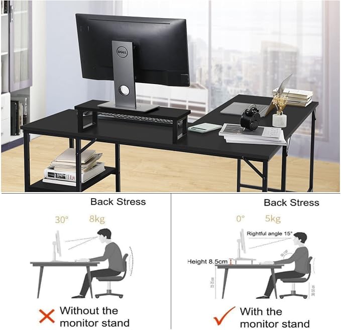 L-Shaped Desk,Corner Computer Desk with Storage Shelves,Large Gaming Desk PC Laptop Writing Workstation with Monitor Stand for Home Office Black