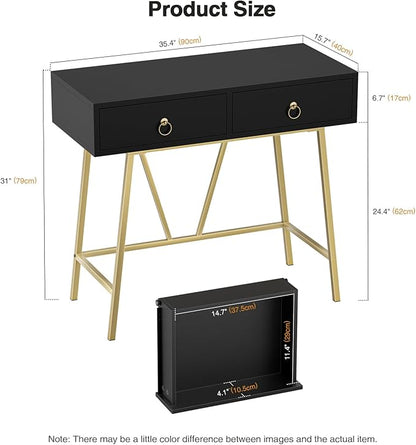 Anmytek Home Office Desk Black Writing Desk with 2 Drawers Modern & Simple Makeup Vanity Study Table Small Computer Desk, D0007