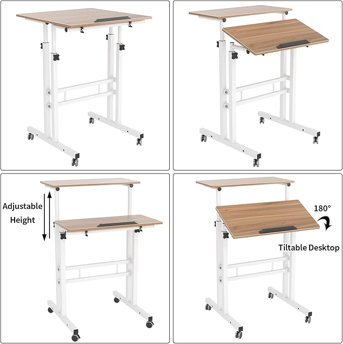 DlandHome Mobile Standing Desk Stand Up Desk Rolling Desk, Stand Sit Desk Mobile Computer Desk Adjustable Standing Desk 23.6inches Table Workstation Mobile Desk Cart Tray Oak