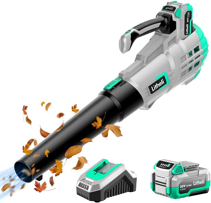 Litheli 20V Cordless, 350 CFM 85 MPH Battery , Variable Speeds Leaf Blower for Cleaning Leaves, Dust, Snow, Lawn, Yard, 4.0Ah Battery & Fast Charger Included