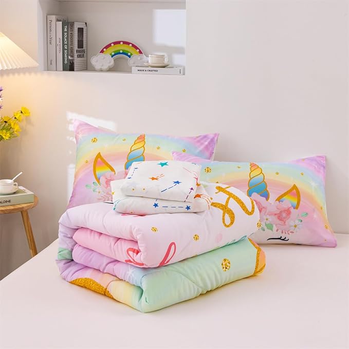 NTBED Unicorn Twin Comforter Set with Sheets,5 Pieces Kids Bedding Sets for Girls, Lightweight Microfiber Star Floral Bed in a Bag, Rainbow