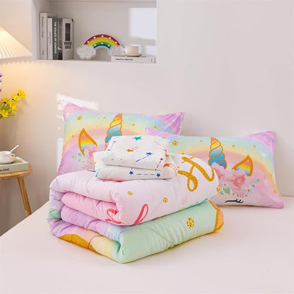 NTBED Unicorn Twin Comforter Set with Sheets,5 Pieces Kids Bedding Sets for Girls, Lightweight Microfiber Star Floral Bed in a Bag, Rainbow