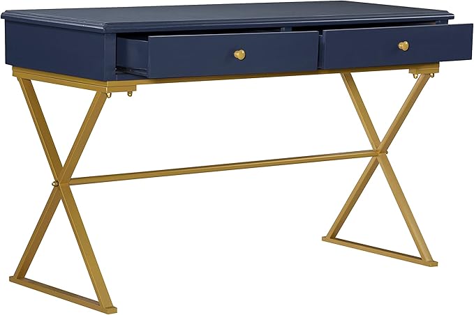 Linon Campaign Desk Navy with Gold Legs, Blue