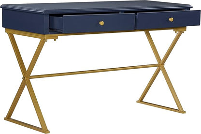 Linon Campaign Desk Navy with Gold Legs, Blue