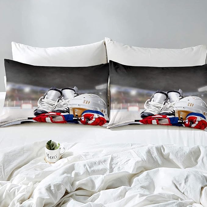 Erosebridal Ice Hockey Comforter Set Queen, Hockey Player Down Comforter for Kids Boys Girls Teens Juvenile, Sports Game Duvet Set, Soft Winter Quilted Duvet Sports Bedroom Decor for All Season