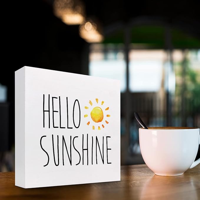 Hello Sunshine Wood Box Sign Decor Desk Sign,Farmhouse Rustic Summer Sunshine Wooden Box Block Sign for Home Office Shelf Table Decor Decorations