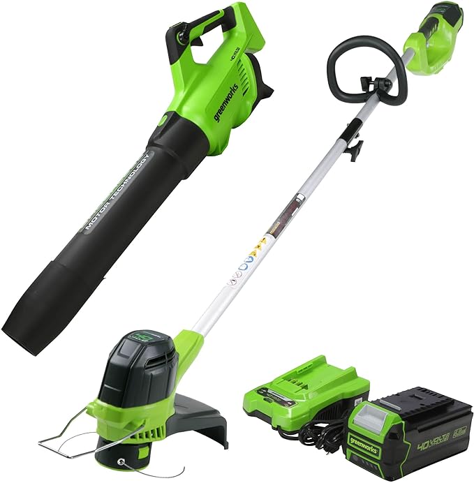Greenworks 40V (550 CFM / 130 MPH) Brushless Axial Blower + Trimmer, 4.0Ah USB Battery and Charger Included