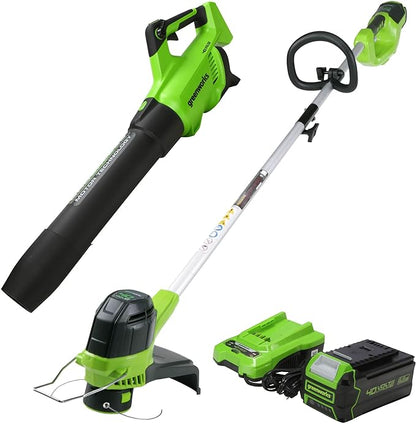 Greenworks 40V (550 CFM / 130 MPH) Brushless Axial Blower + Trimmer, 4.0Ah USB Battery and Charger Included