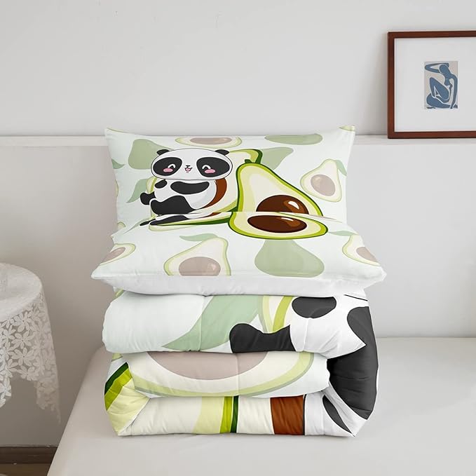 Erosebridal Panda Comforter Set King,Avocado Bedding Set Cute Black White Panda Bedding Bear Cat Bedding Comforter for Kids Boys Girls Green Tropical Fruit Quilt Duvet Set Room Decor 2 Pillow Cases