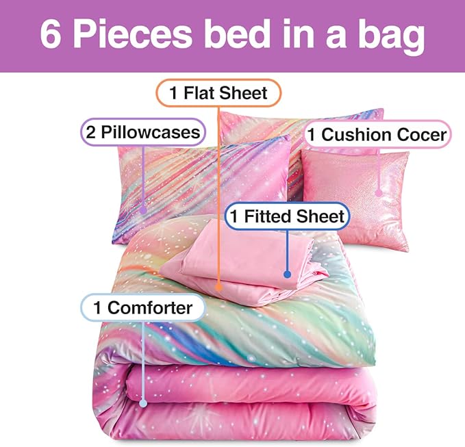 Btargot 6 Pieces Pink Gradient Star Ring Comforter Set for Boys Girls Teens, Twin Size Colorful Glitter Rainbow Star Galaxy Bedding Set