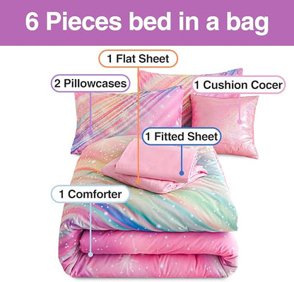 Btargot Super Soft 6 Pieces Gradient Star Ring Comforter Set, Colorful Glitter Rainbow Star Pattern Bedding Set for Boys Girls Teens,Queen Pink