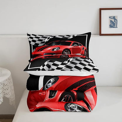 Red Race Car Comforter Set Twin Size, Black White Lattice Bedding Set 2pcs for Kids Boys Teens Room Decor,Extreme Sport Games Quilt Set,Cool Modern Duvet Insert with 1 Pillowcase