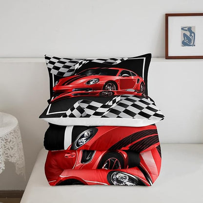 Boys Race Car Comforter Set Full Size,Black White Checkered Geometric Bedding Set 3pcs for Kids Teens Boys Men,Extreme Sport Games Race Flag Quilt Set,Cartoon Fashion Duvet Insert,2 Pillowcases