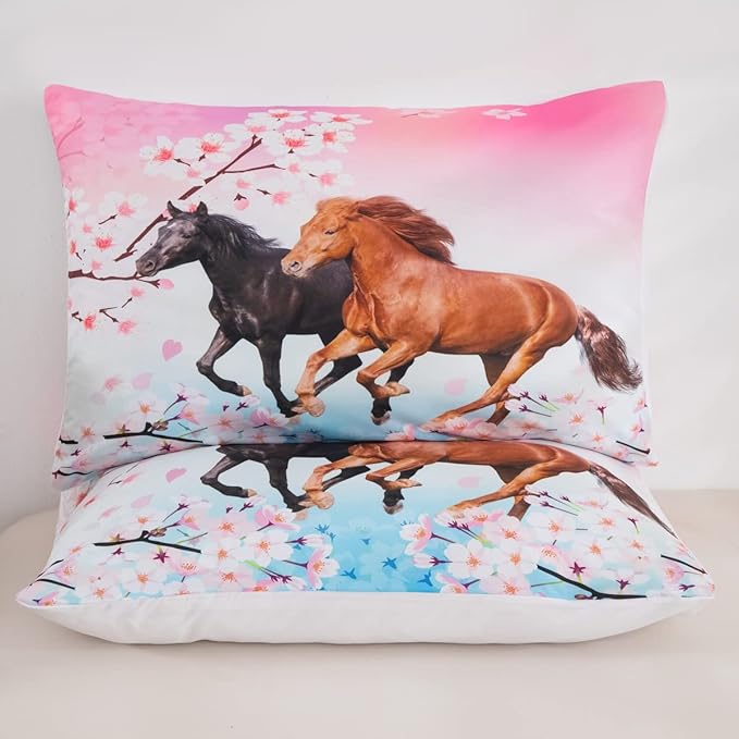 Feelyou Kids Horse Bedding Set for Girls Queen Size Chic Cherry Blossom Comforter Set for Horse Lover Gift Galloping Horse Printed Comforter 3D Wild Animal Duvet Set Bedroom Decor Quilt Set 3Pcs