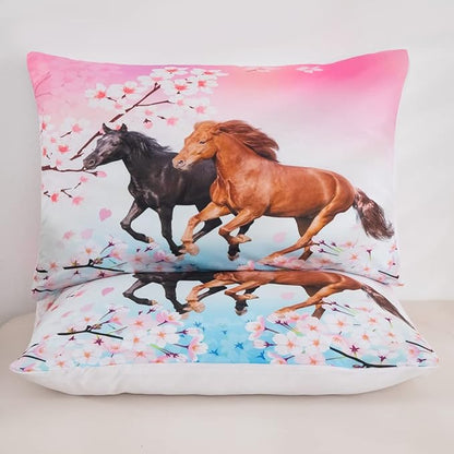 Feelyou Girls Horse Bedding Set Twin Size Galloping Horses Comforter Set for Kids Teens Cherry Blossom Comforter 3D Wild Animal Duvet Set Farmhouse Bedroom Decor Quilt Set 2Pcs