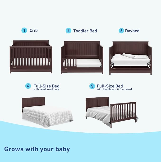 Graco Hadley 5-in-1 Convertible Crib with Drawer (Espresso) – Crib with Drawer Combo, Includes Full-Size Nursery Storage Drawer, Converts from Baby Crib to Toddler Bed, Daybed and Full-Size Bed