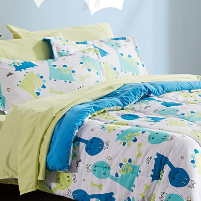 SLEEP ZONE Kids Bedding Comforter Set Full/Queen Size - Super Cute & Soft Kids Bedding 7 Pieces Set with Comforter, Sheet, Pillowcase & Sham (Cute Dino)