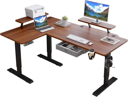 62x47 Inches L Shaped Electric Standing Desk with Drawer, Adjustable Height Sit Stand Up Desk with Storage Shelf, Dark Walnut Top/Black Frame
