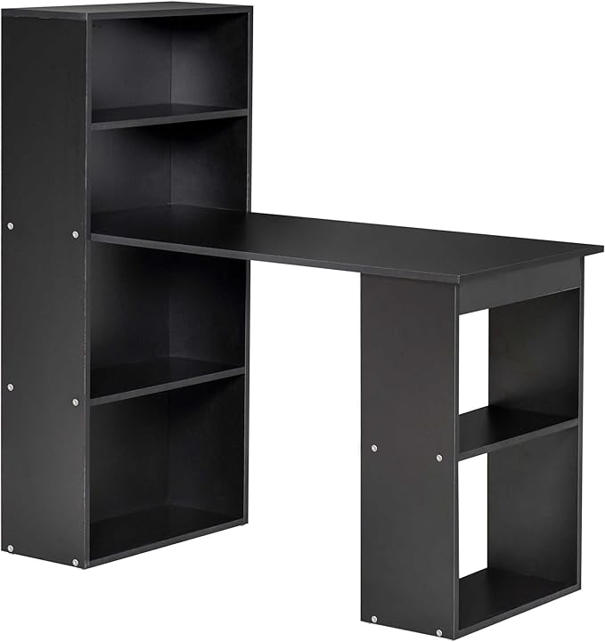 HOMCOM Modern Home Office Desk with 6-Tier Storage Shelves, 47" Writing Table with Bookshelf, Black