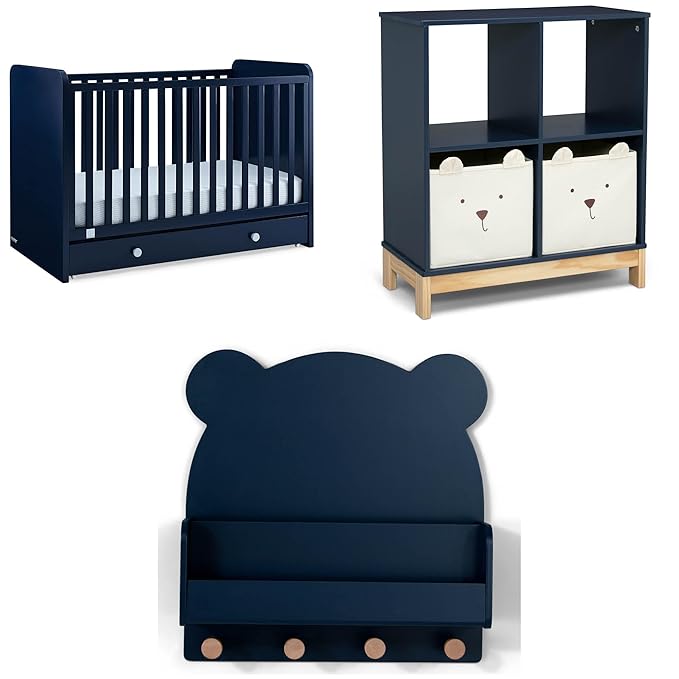 Delta Children babyGap Graham 4-in-1 Convertible Crib with Storage Drawer + Brannan Bear Bookcase with Bins + Brannan Bear Wall Shelf with 4 Hooks, Navy/Light Blue (Bundle)