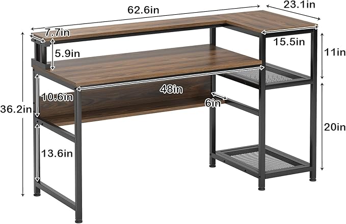 soges 62 Inch Computer Desk with Elevated Monitor Shelf, Home Office Desk with Storage Shelves, CPU Stand, Study Writing Table Workstation with Printer Stand