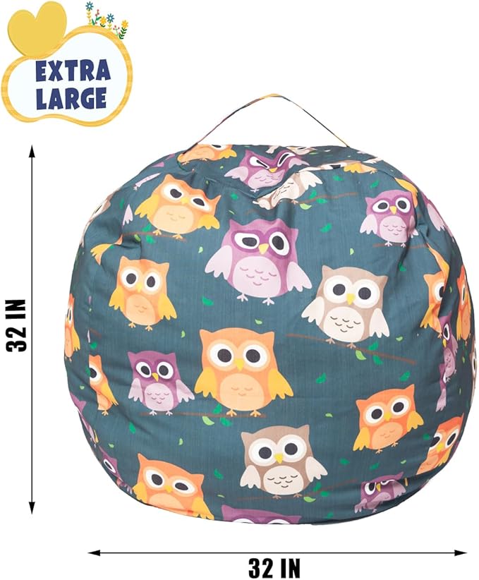 Stuffed Animal Storage Bean Bag Chair Cover, Hold Kids Plush Toys Blankets Towels Beanbag (Cover Only), Canvas Floor Circle Stuff Sit Seat Sofa with YKK Zipper, Large 32", Owl