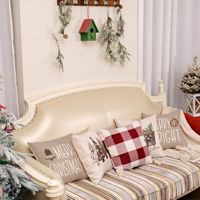 GEEORY Christmas Pillow Covers 16 x 16 Inch Set of 4, Striped Wooden Tree Snow Sleigh Merry Bright Xmas Holiday Decor Decorative Throw Cushion Case Decoration for Home Party Sofa Couch (Brown)