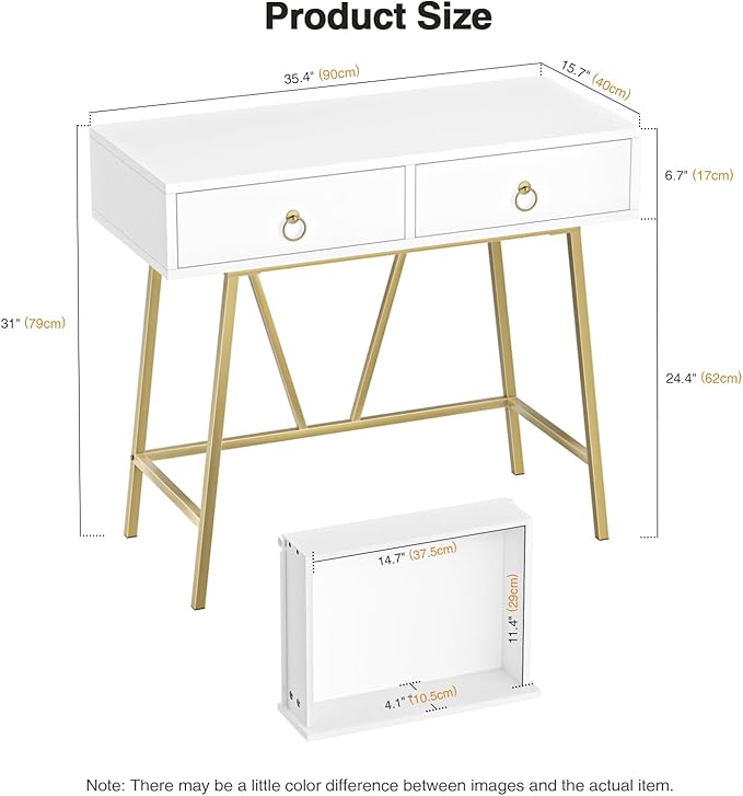 Anmytek Modern Home Office Desk, 35.4 Inch Makeup Vanity Table White Study Desk 2 Drawers Writing Desk Computer Desk with Golden Legs, D0002
