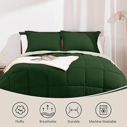 Basic Beyond Queen Comforter Set - Fluffy Comforter Queen Set for All Seasons - Reversible Forest Green Queen Comforter Set for Mens - 3 Pieces (1 Comforter + 2 Pillow Shams) - Forest Green/Ivory