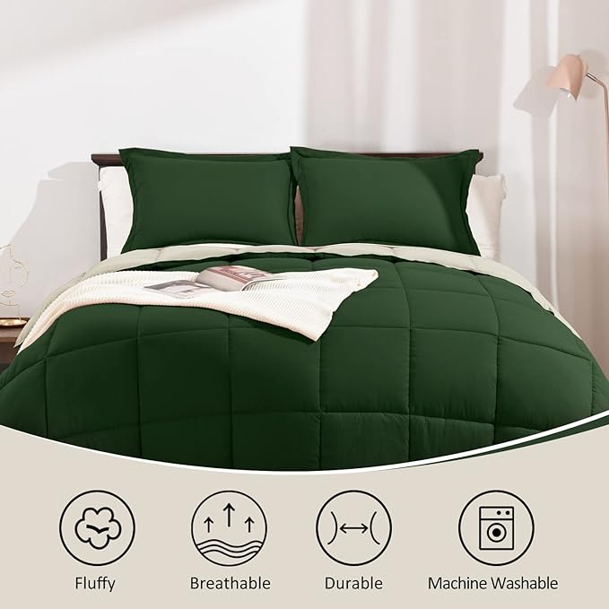 Basic Beyond King Size Comforter Set - Fluffy King Bed Comforter Set for All Seasons - Reversible Forest Green King Size Comforter Set - 3 Pieces (1 Comforter + 2 Pillow Shams) - Forest Green/Ivory