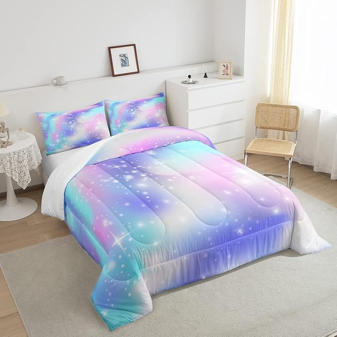 Erosebridal Ombre Comforter Rainbow Comforter Set King Tie Dye Galaxy Duvet Set Nebula Bedding Starry Sky Quilt Set Pastel Stars Glitter Bedding Set Purple Blue Bedroom Decorative Down Comforter